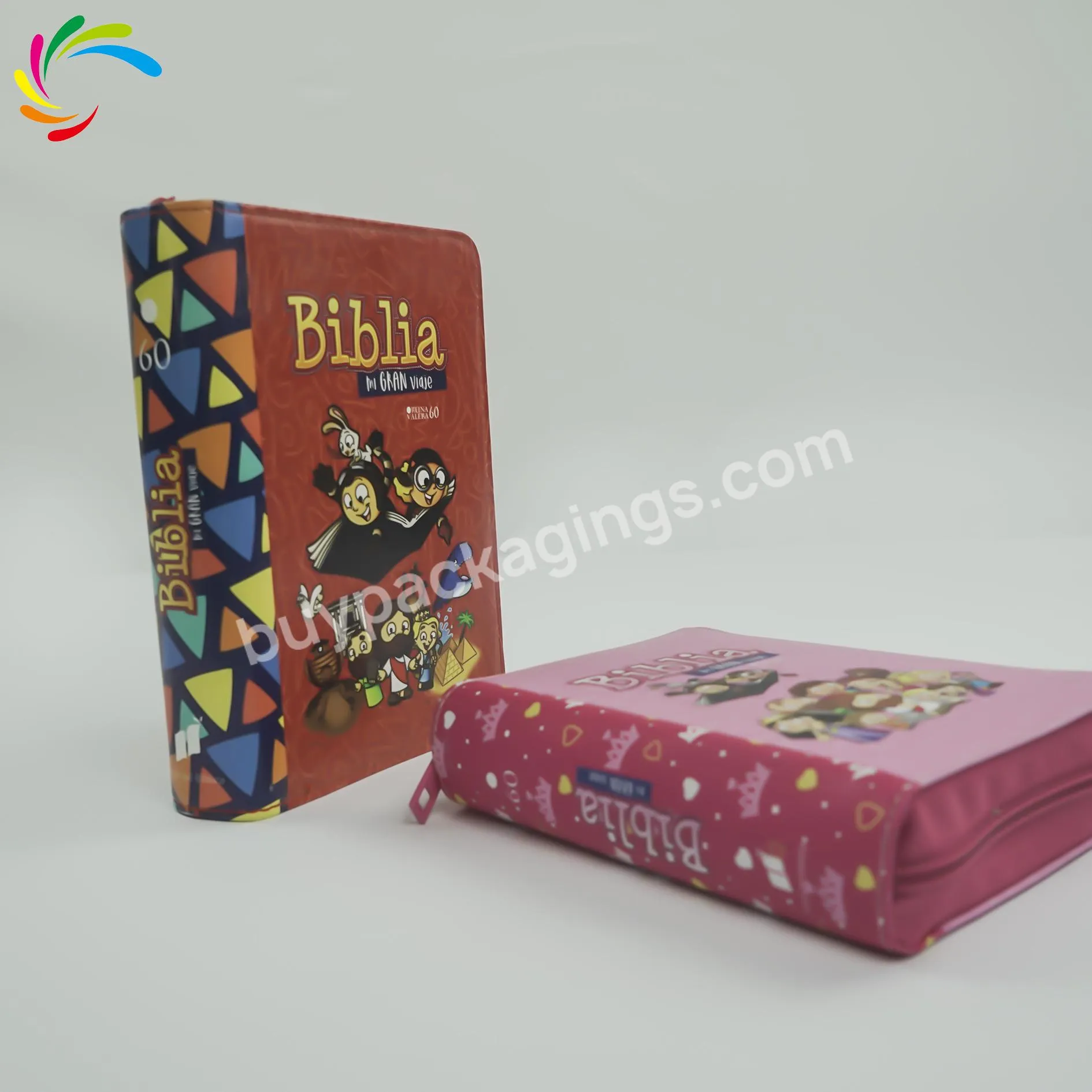 Factory cheap price custom high-end PU leather pink with zipper bag Reina Valera 60 children hardcover Spanish Bible book