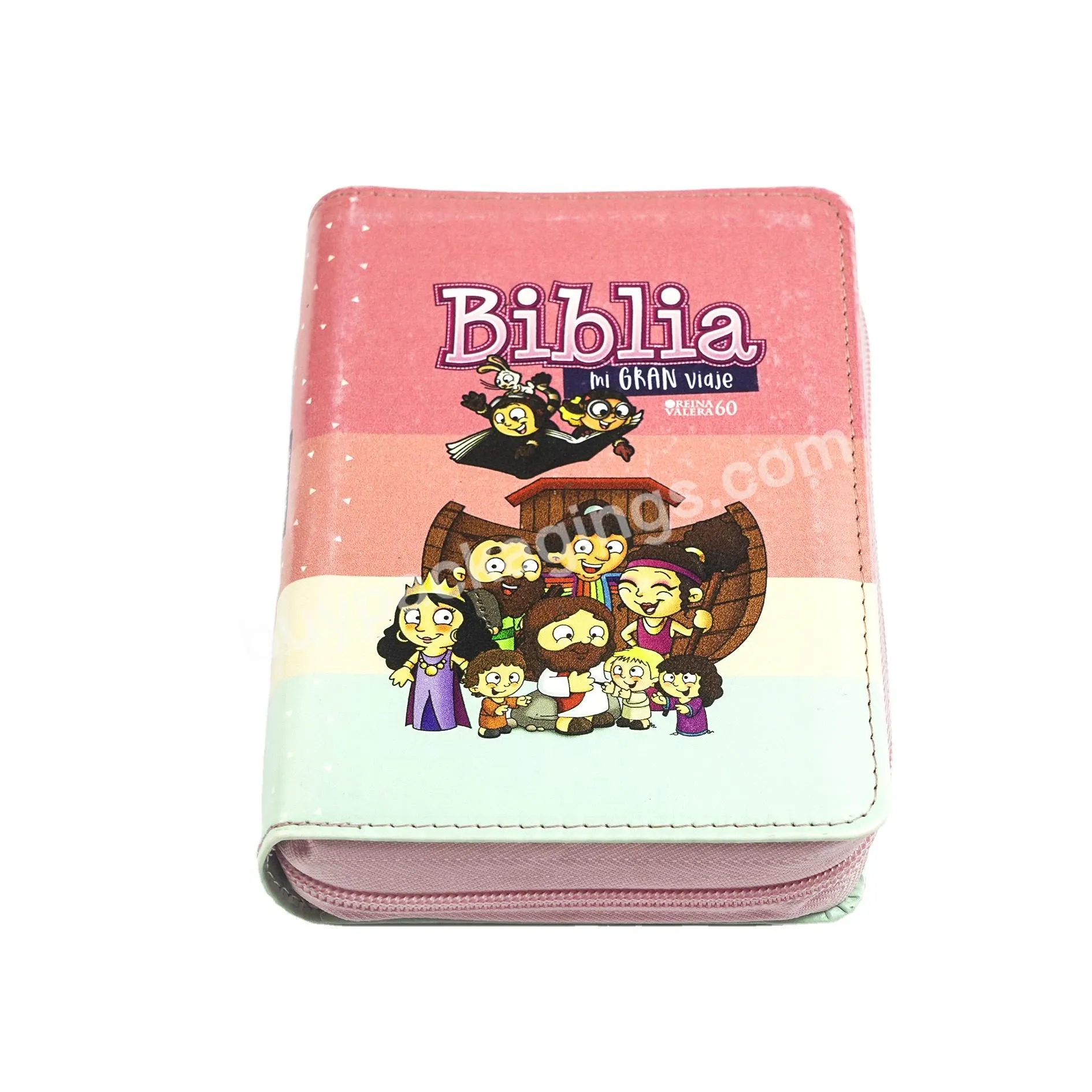 Factory PU leather bible printing pink with zipper bag  children hardcover Spanish Bible books printing