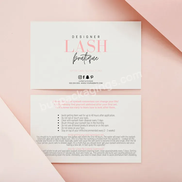 Small Business Eyelash Care Card Pink Lash Aftercare Card Lash Extension Card