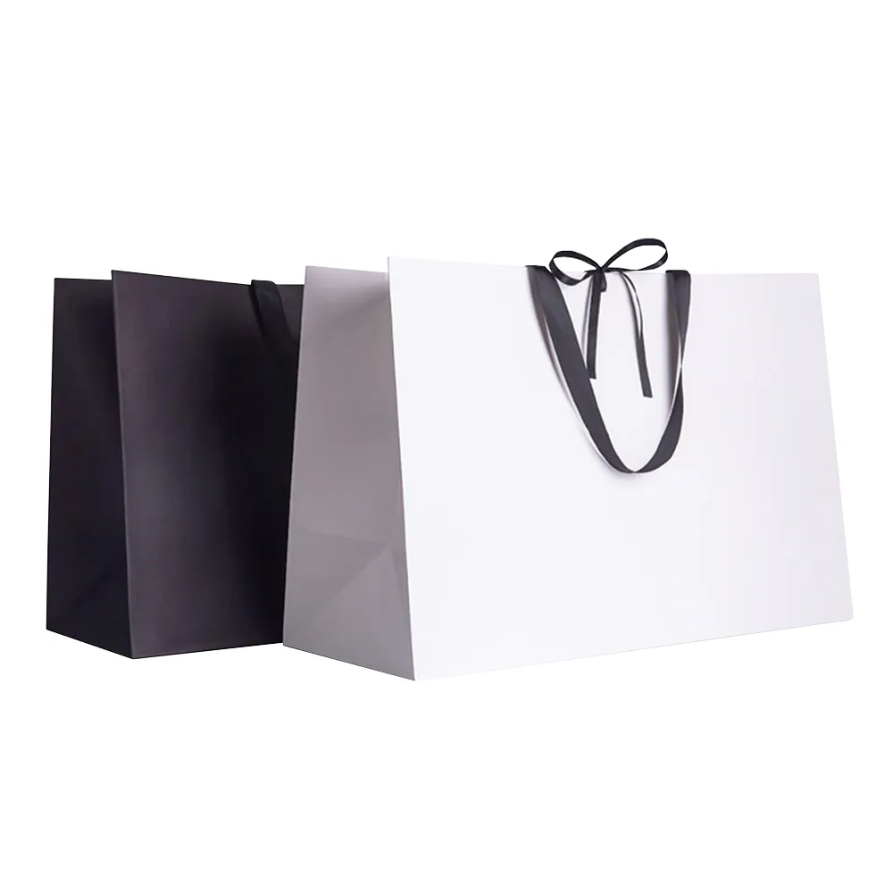 White simple craft costume packaging paper bag with ribbon for wedding dress shopping clothing gift bags custom