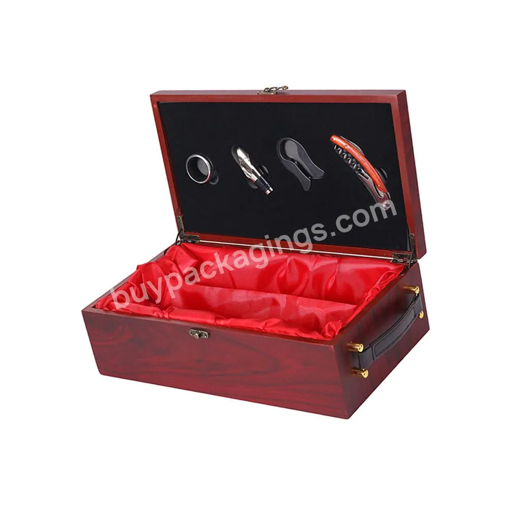 Wooden Wine Bottle Case With 4 Wine Accessories Set Packaging With Satin Lining and EVA Tool Slots Win Gift Box