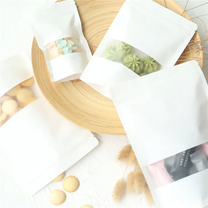 ZL Wholesale MOQ 300pcs Reusable Packaging Candy Cookie Food Dry Fruit Stand Up Ziplock White Kraft Paperbag With Frosted Window