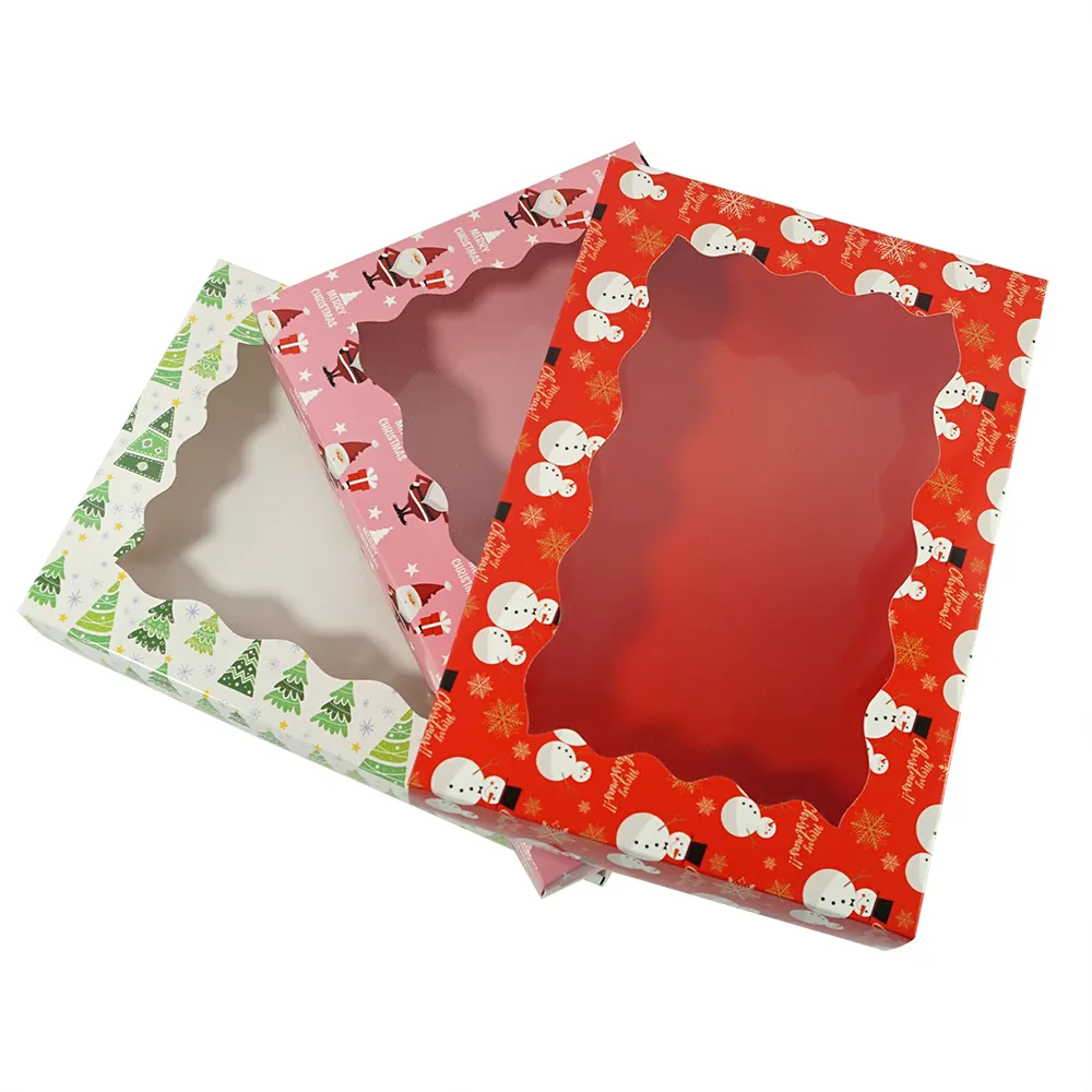 ZL Wholesale Pink Red Green Packaging Christmas Present Toy Chocolate Cookie Candy Baking Food Gift Paper Box With Wave Window